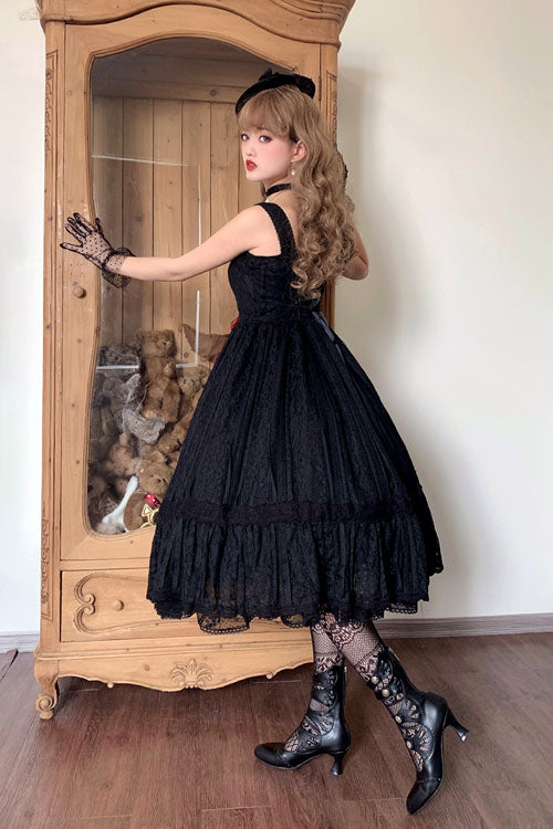 Black Solid Color Elegant Vintage Rose Multi-Layer Embroidery Ruffled Sweet Lolita JSK Dress