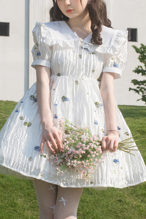 White French Lapel Collar Bubble Short Sleeves Floral Print High Waisted Sweet Lolita Dress