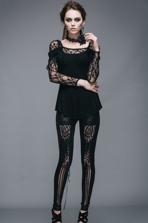 Black Rose Lace Long Sleeves Modal Womens Gothic T-Shirt