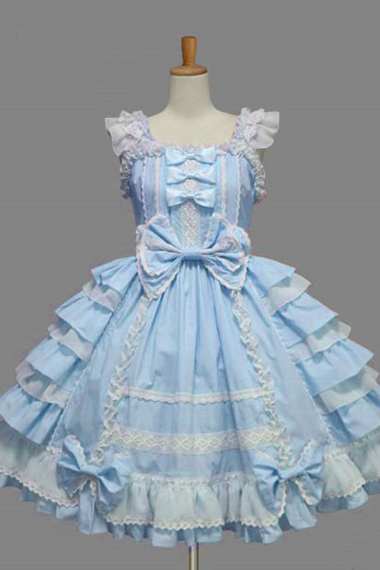 Lace Square Neck Cap Sleeve Knee Length Ruffled Bowknot Sweet Lolita Dress