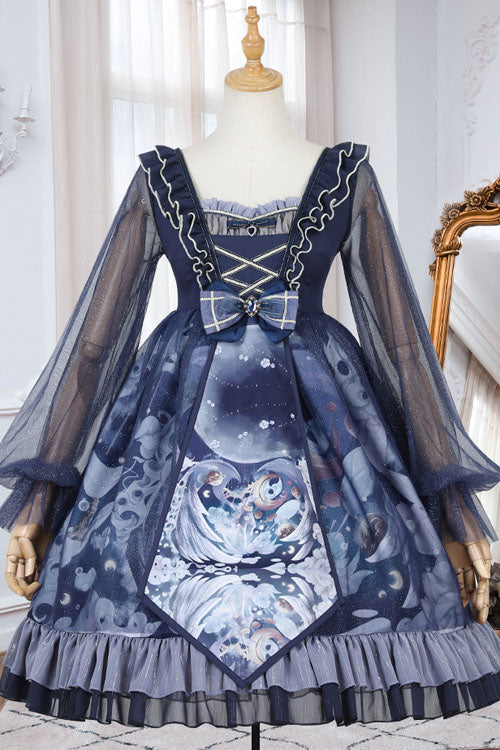 Dark Blue Unicorn Print Long Sleeves High Waisted Ruffled Classic Lolita OP Dress