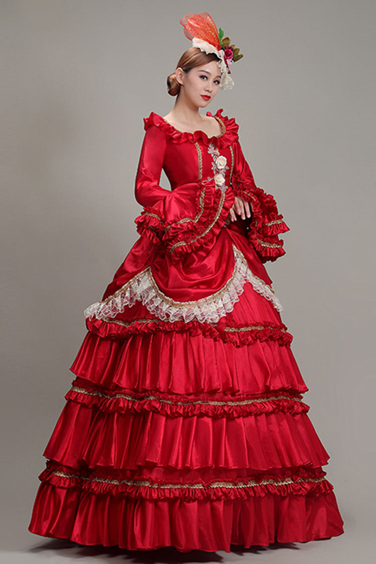 Red Hime Sleeves High Waisted Ruffled Multi-Layer Victorian Lolita Prom Tiered Dress