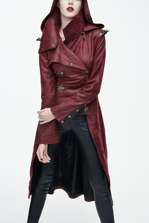 Red Short In Front And Long In Back Punk Long Leather Womens Coat