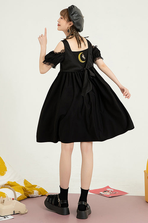 Black Puff Short Sleeve High Waisted Two Ways To Wear Before And After Sweet Lolita Dress