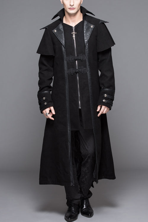 Black Fake Two Pieces High Collar Woollen Mens Gothic Long Coat