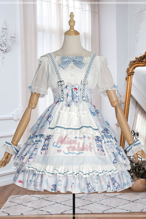 Blue Alice Rabbit Print Multi Layer Design Sweet Lolita JSK Dress