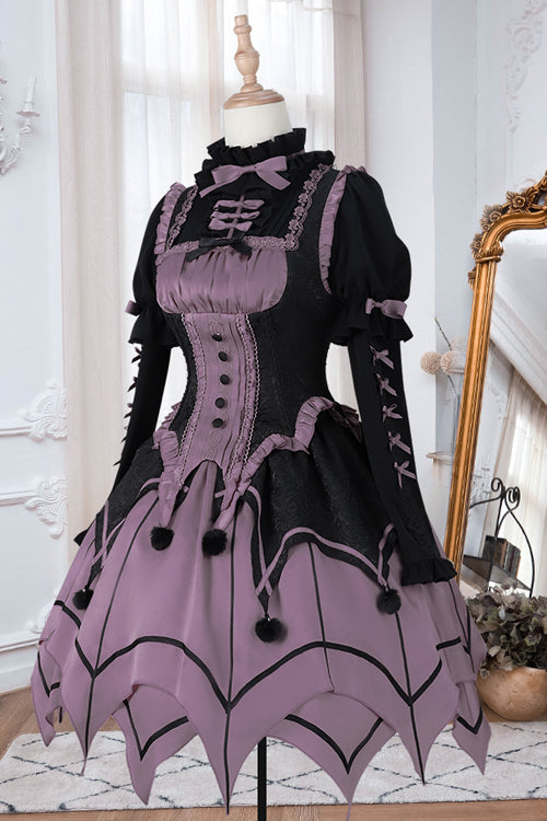 Schwarz / Lila Runder Kragen Gekräuselte Lange Ärmel Taille Unregelmäßiger Saum Kobold Süßes Lolita OP Kleid Komplettset