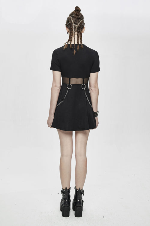 Schwarzes, dehnbares Punk-Damenkleid aus reiner Baumwolle mit Netztaille und Ketten