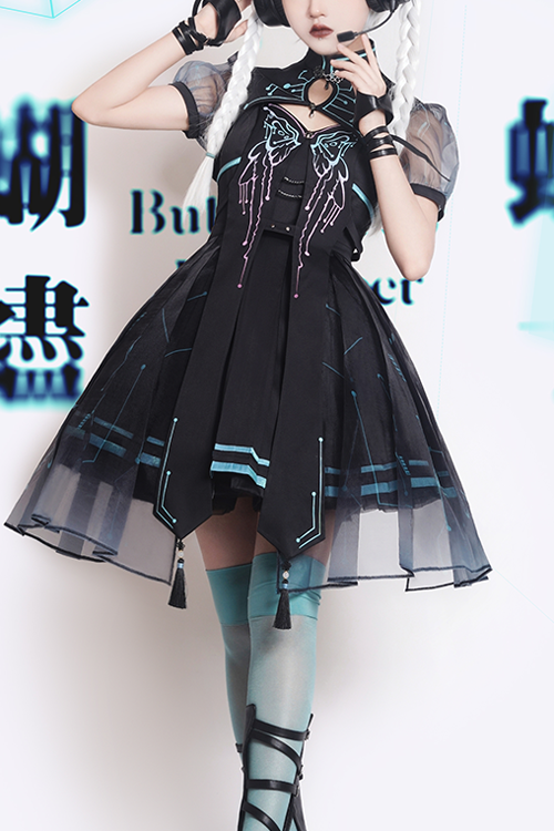 Black Sense Of Technology Butterfly Ember High Waisted Gothic Lolita JSK Dress Full Set