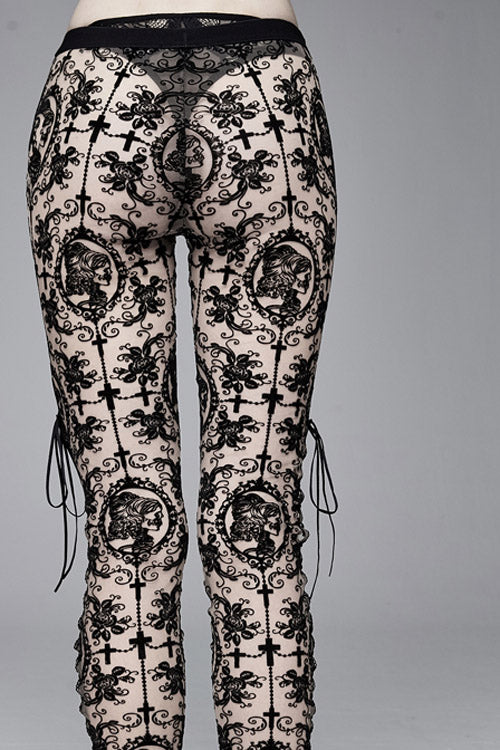 Braune Leggings mit Beflockungsdruck und seitlicher Schnürung aus Netzstoff für Damen