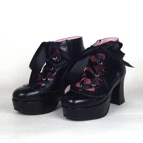 Black Cute PU Round Toe Ankle Straps Platform Lolita Shoes