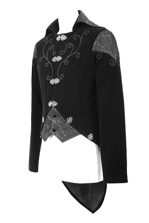 Black Vintage Fake Two Pieces Embroidered Velvet Gothic Mens Coat