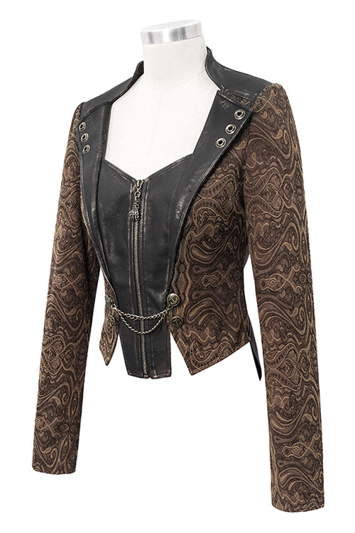 Brown Jacquard Slim Print Short Womens Punk Jacket