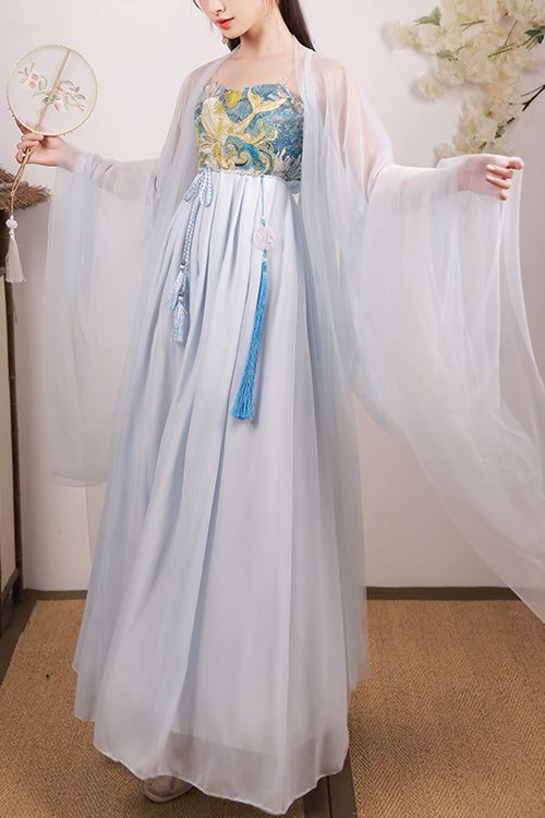 Blue Chinese Style Song Dynasty Fairy Long Embroidered Sweet Hanfu Dress Full Set