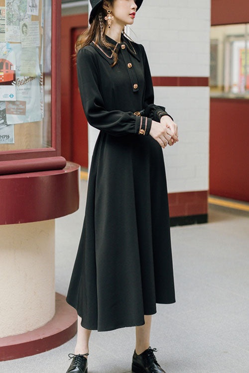 Solid Color Navy Style Vintage Lapel Collar High Waisted Long Sleeves Classic Lolita Dress
