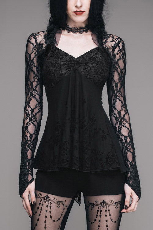 Black Sexy V Neck Mesh Long Sleeves Rose Lace Bottoming Women Gothic T-Shirt
