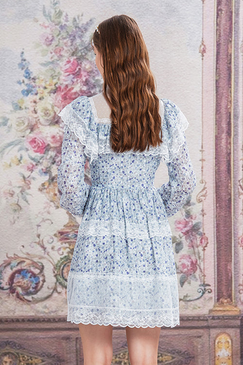 Blue Chiffon Stand Collar French Lace Floral Embroidered Trumpet Long Sleeves Ruffled Sweet Lolita OP Dress