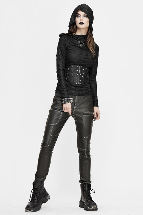 Schwarze Punk Biker Block Shaped Patchwork Hand geriebene Leder Damen Hose