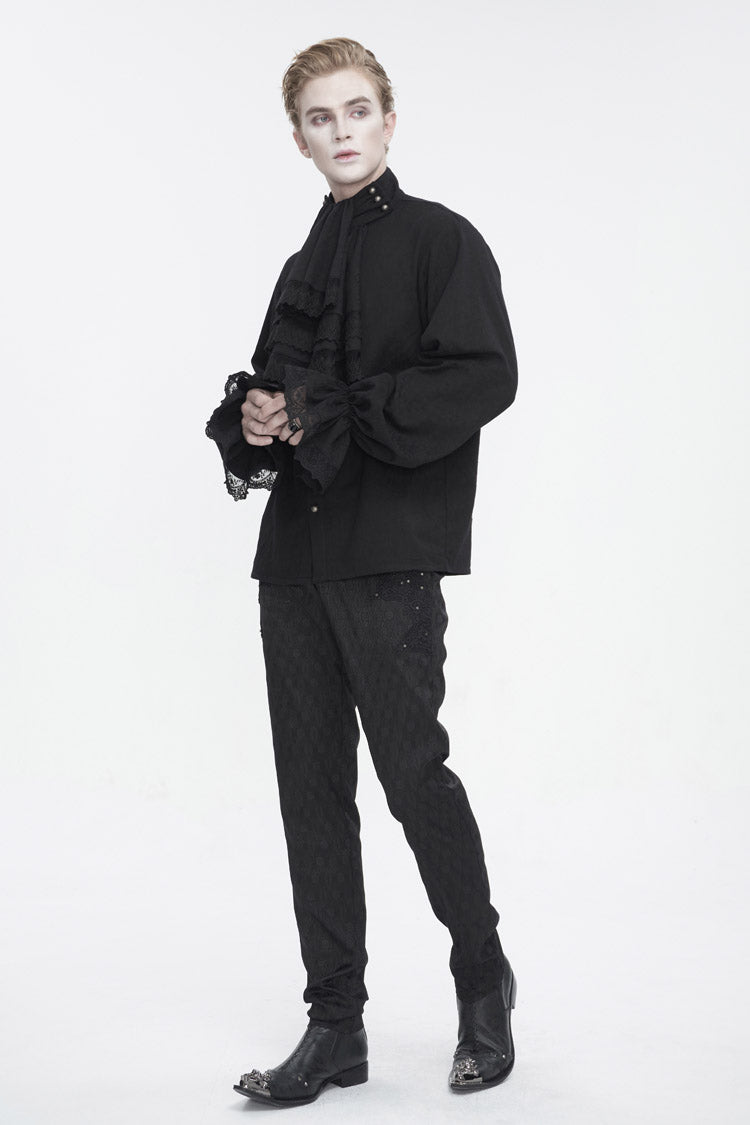 Black Puff Sleeved Stand Collar Men's Gothic Shirt With Necktie