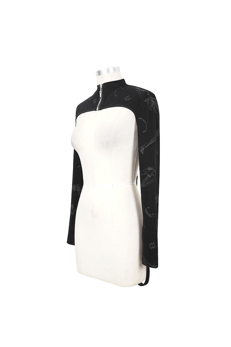 Black Bone Printed Strappy Zipper Women's Gothic Cape