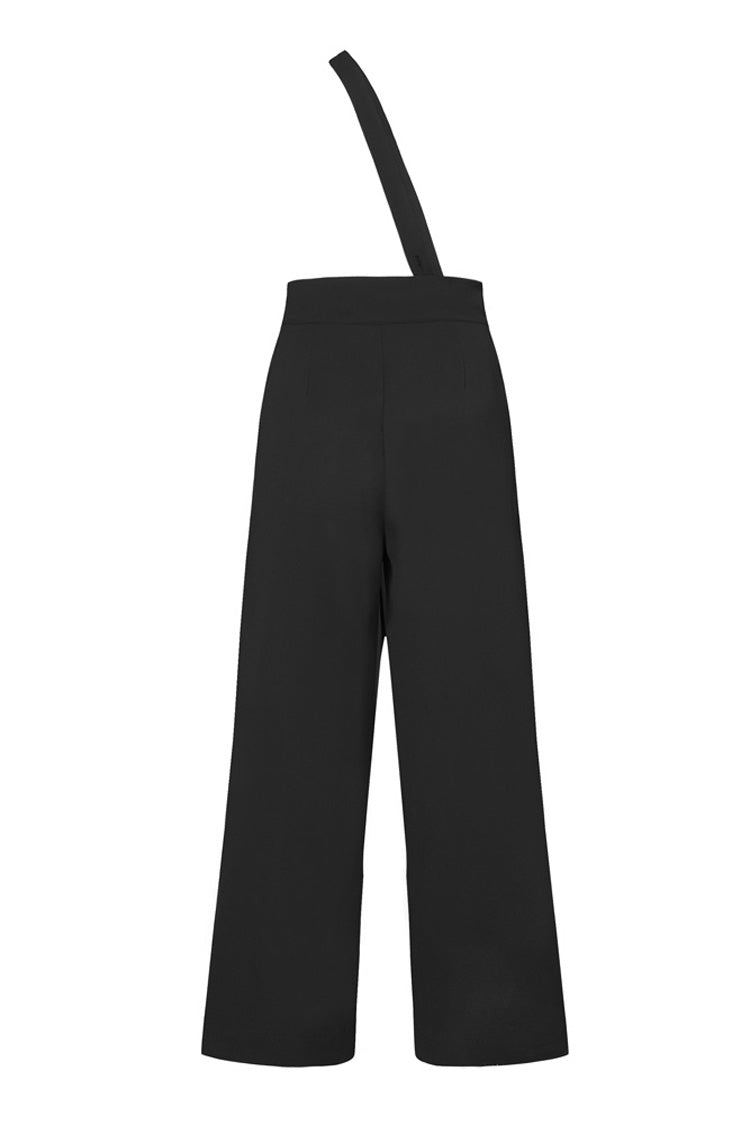 Schwarze Steampunk-Trägerhose für Damen mit hoher Taille und weitem Bein