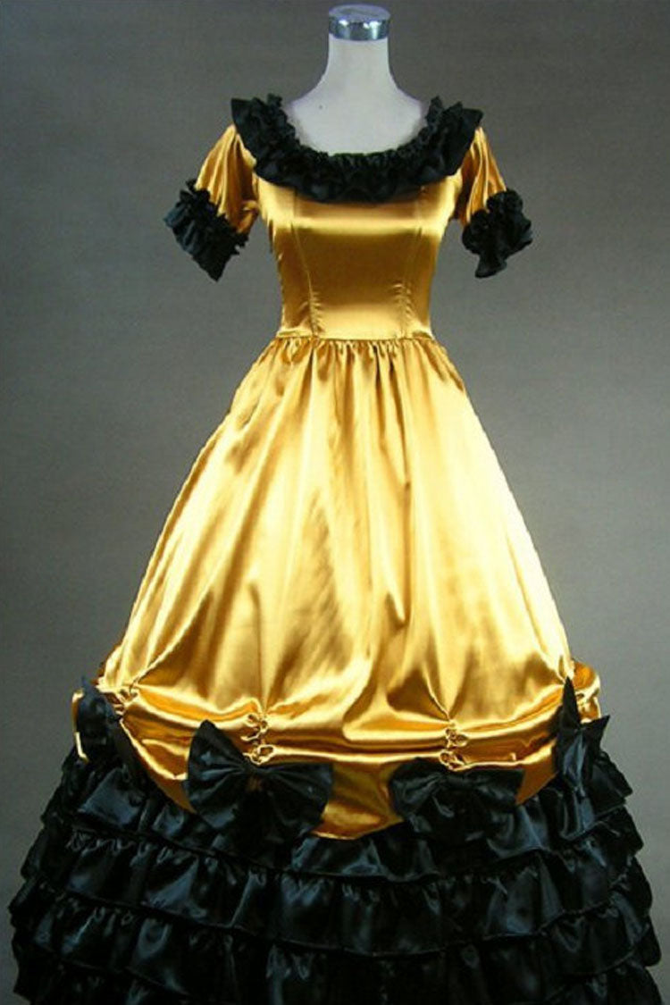 ゴールデンコットンラウンドネック半袖フロアレングスちょう結びビクトリア朝のゴシックロリータドレス