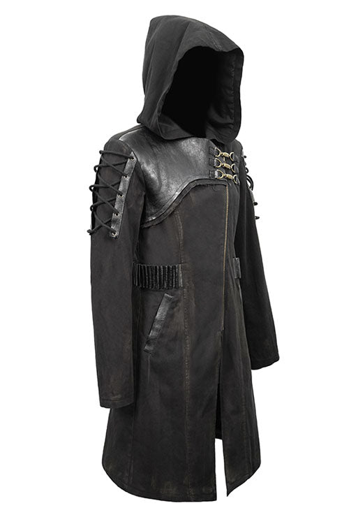 Brown Hooded Denim Tattered Long Mens Punk Coat
