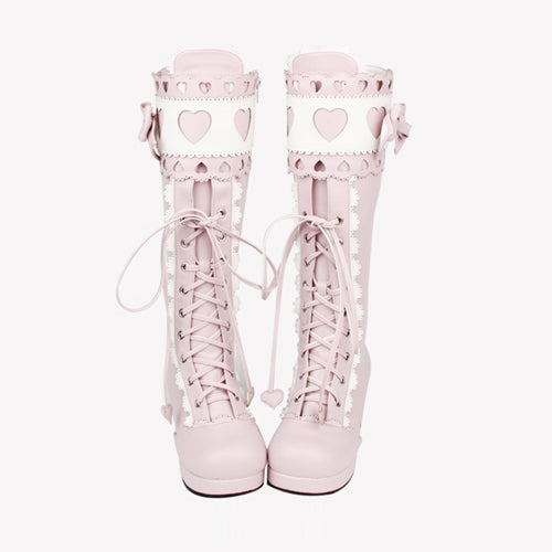 Lace Bowknot Heart Shaped Round Toe Sweet Lolita High Boots