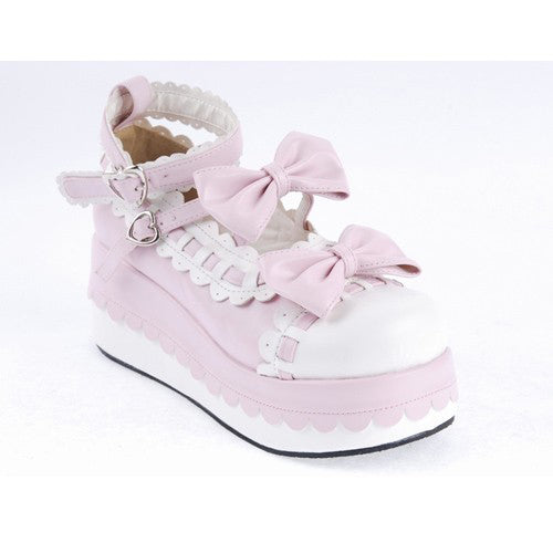 Pink Synthetic Leather Round Toe Ankle Straps Bow Decoration Platform Lolita Shoes