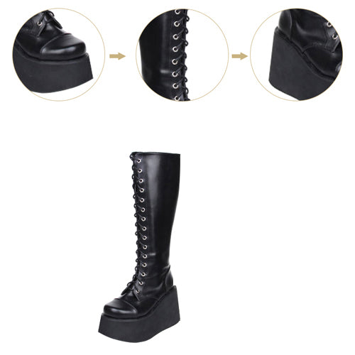Black Concise Lace Up Sweet Lolita High Boots