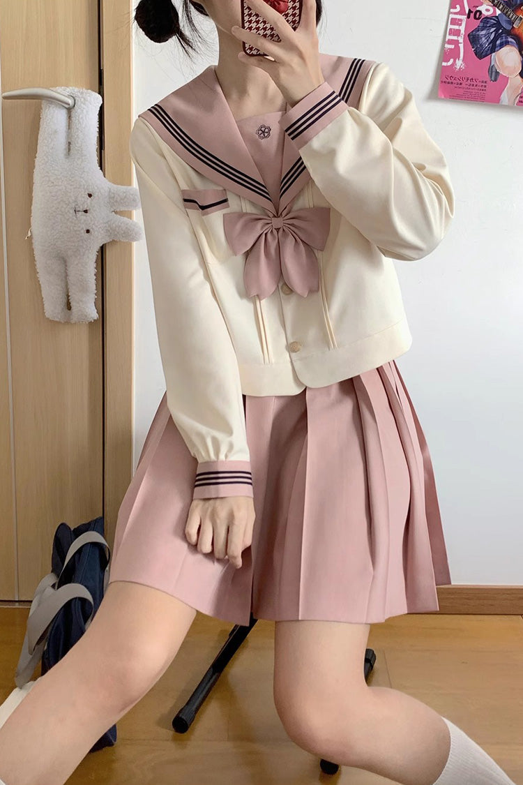 ピンク/アイボリー セーラー襟長袖スイート日本のスクール スカート セット