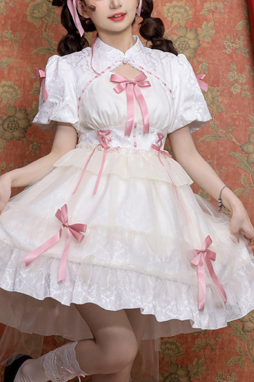 Stand Collar One Button Bubble Short Sleeve Lace Hem Sweet Lolita Dress