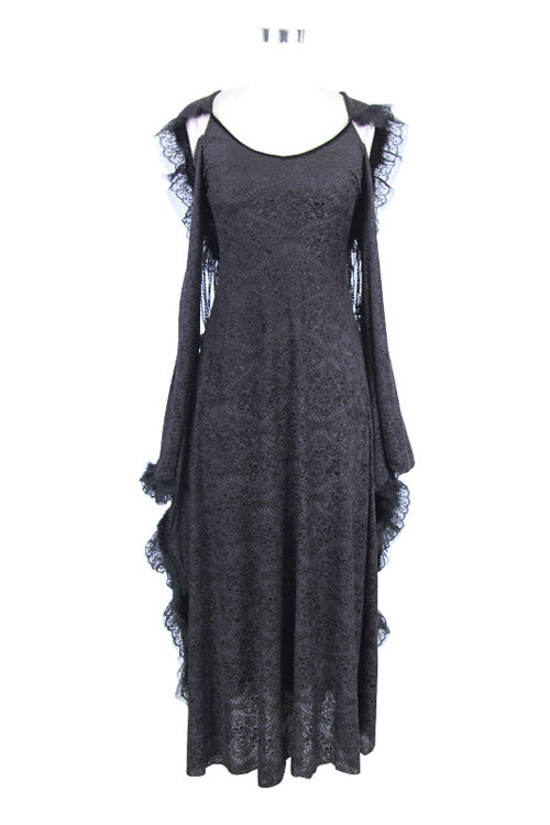 Black Gothic Big Cuffs Stretchy Floral Off The Shoulder Hooded Long Womens Dress