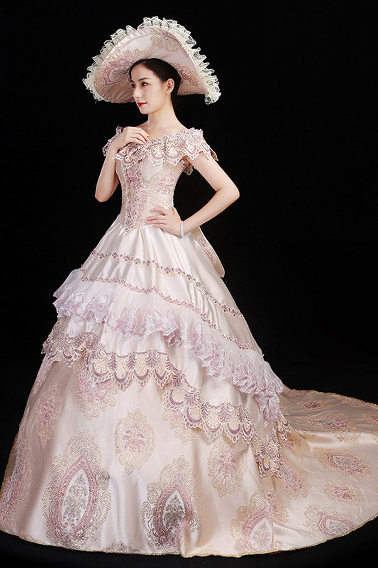 Pink Boat Neck High Waisted Hollow Embroidery Floral Print Multi-Layer Victorian Lolita Prom Dress