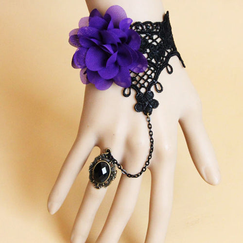 Retro Fashion Purple Flowers Black Lace Gems Female Gothic Lolita Ring Bracelet