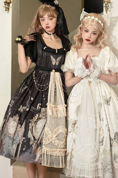Vintage Elegant Lace Square Collar Bubble Short Sleeves Time Butterfly Print High Waisted Sweet Lolita Dress