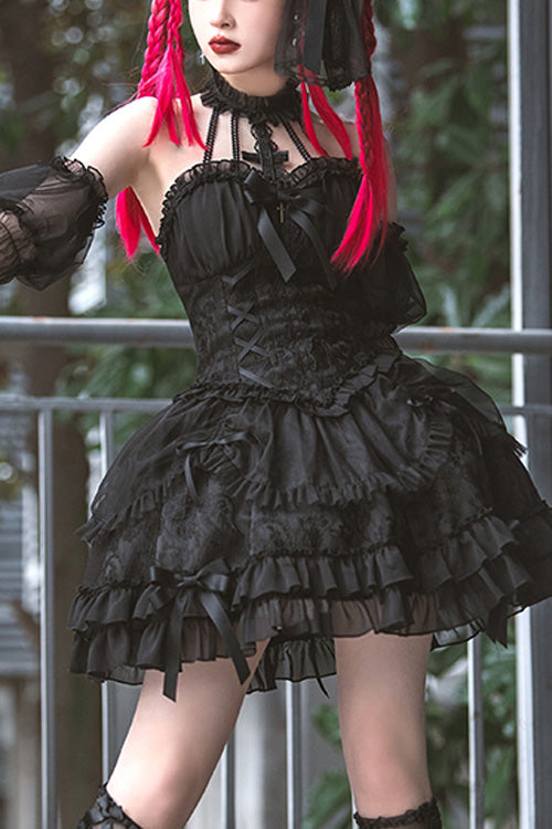 Dark Black Tube Top Sleeveless Blowknot Ruffled Gothic Lolita Tiered Dress
