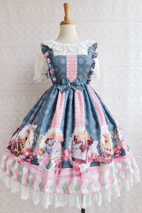 Chocolate Cat Print Ruffled High Waisted Sweet Lolita JSK Dress