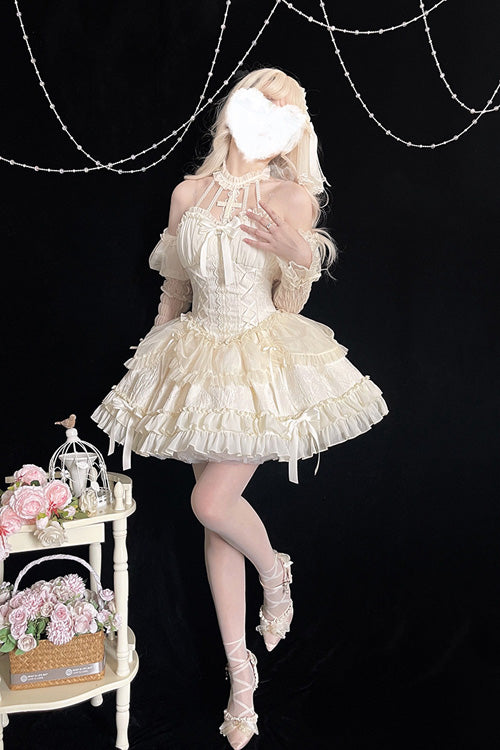 Ivory Tube Top Sleeveless Blowknot Ruffled Sweet Lolita Tiered Dress