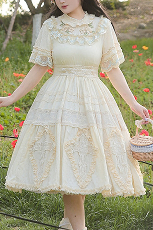 Beige Ruffled Round Collar Lace Cross Floral Embroidery Short Sleeves Plus Size Sweet Lolita OP Dress