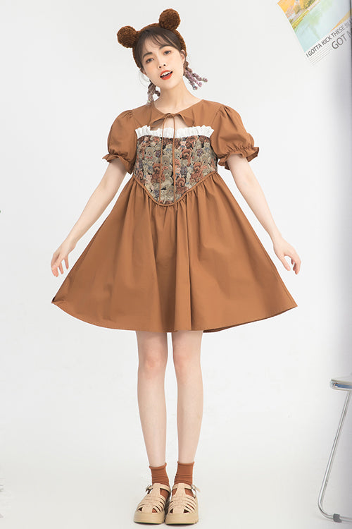 Brown Tie Neck Bear Print Jacquard Panel Bubble Short Sleeves High Waisted Sweet Lolita Dress