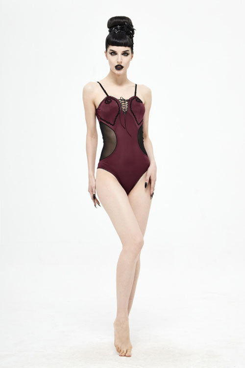 Wine Red Waist Splice Mesh Lace Up Gothic One Piece Swimsuit