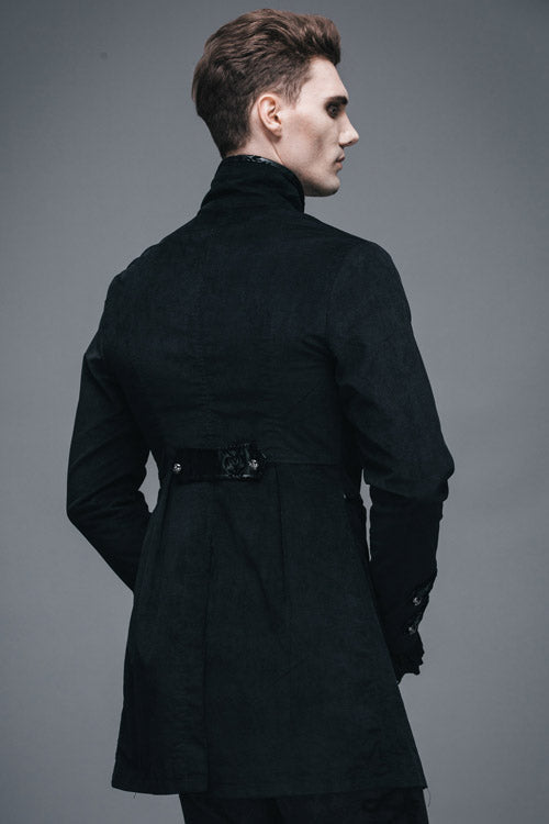 Black Fake Two Pieces Embroidered Turn Down Collar Long Sleeves Velvet Mens Gothic Coat