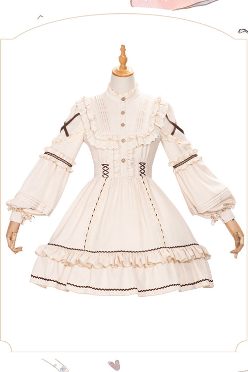 Beige Lantern Sleeves Multi-Layer Ruffled Removable Sweet Lolita OP Tiered Dress