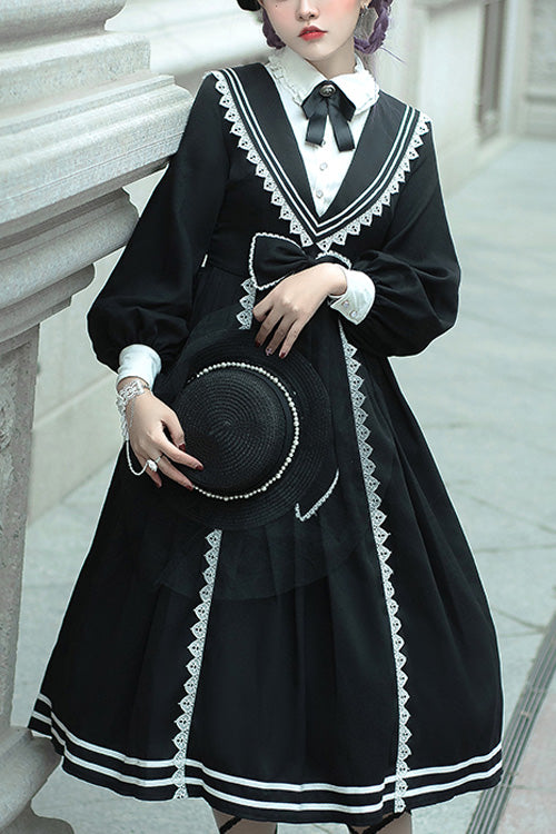 Schwarzes elegantes Gothic Lolita Kleid mit langen Ärmeln und Schleife im College-Stil