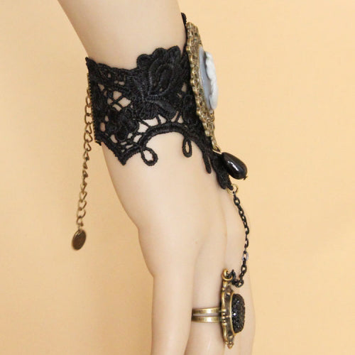 Black Retro Fashion Handmade Lace Pearl Beauty Portrait Female Gothic Lolita Ring Bracelet