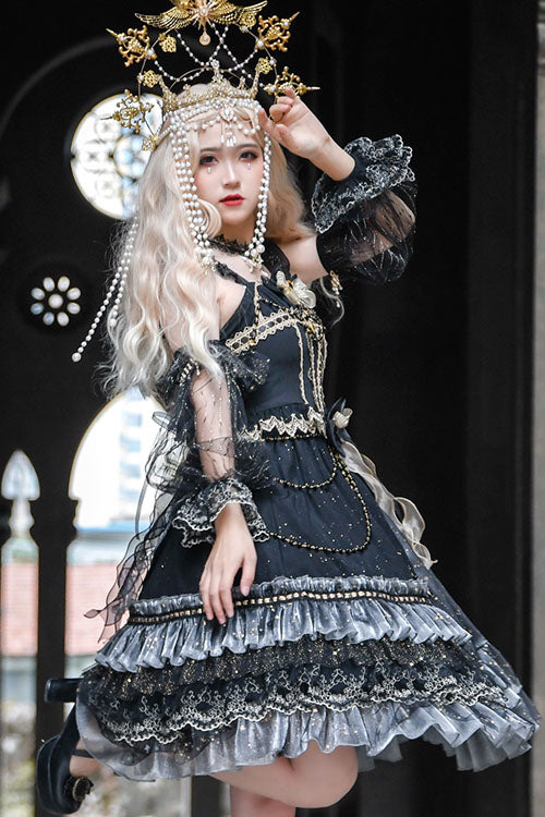 Black Starry Night Square Collar Bowknot Multi-Layer Ruffled Cardigan Gothic Lolita JSK Dress with Detached Sleeves
