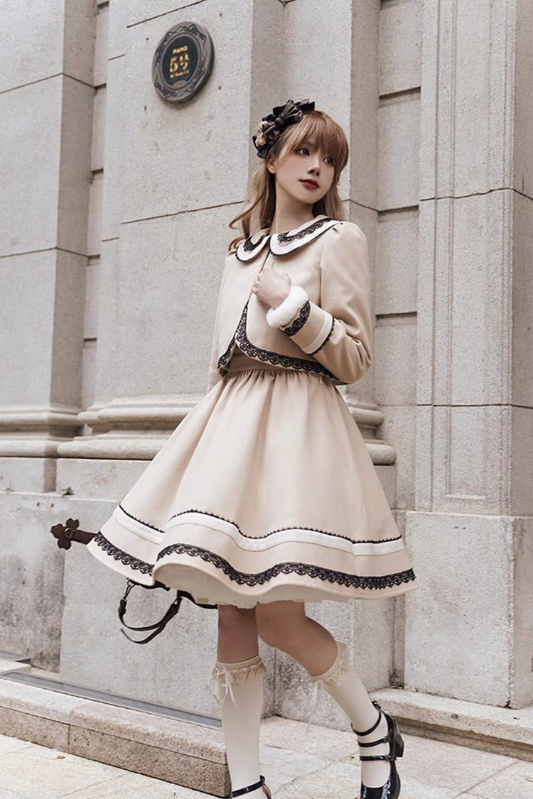 Light Tan Doll Collar Bowknot Autumn Winter Sweet College Style Lolita Dress Two Piece Set