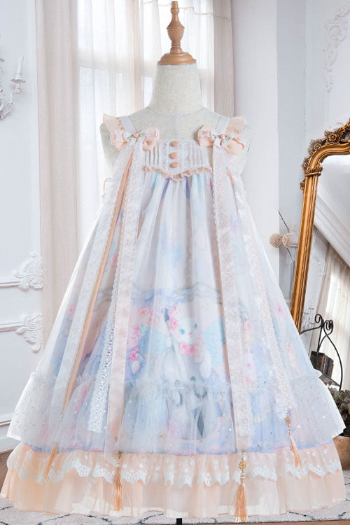 Light Blue Violin Cat Print Bowknot High Waisted Multi-Layer Ruffled Sweet Lolita Jsk Dress