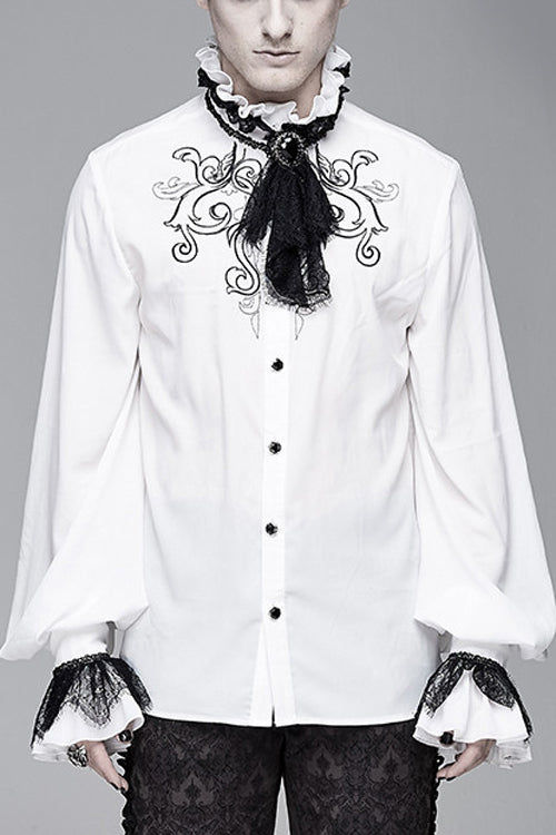 White Chiffon Embroidered Long Sleeves Mens Gothic Blouse